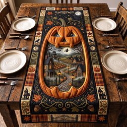 Jack o Lantern Window with Haunted House Table Runner - Made to Order TABLE928