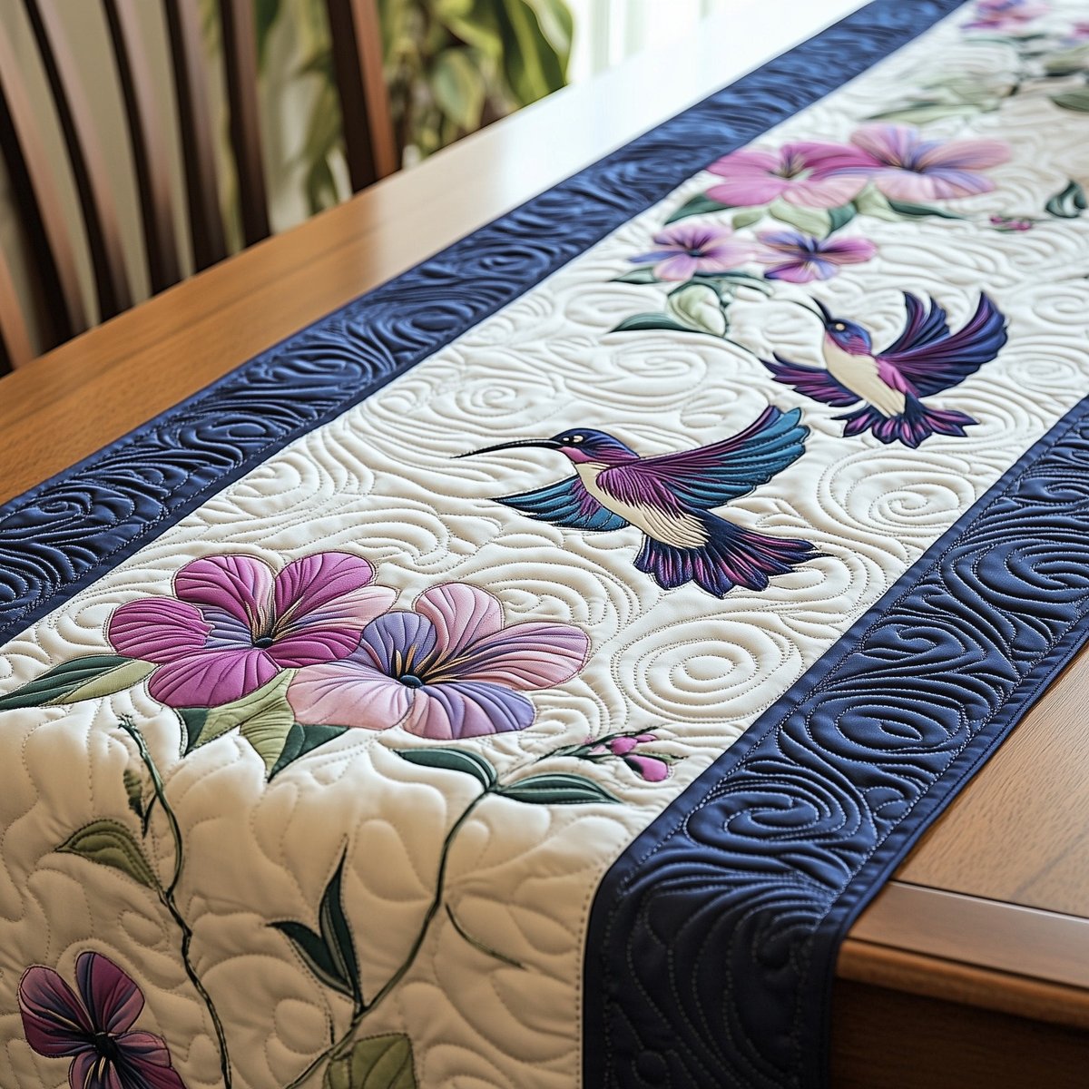 Hummingbird with Pink Blooms and Navy Border Table Runner - Made to Order TABLE928
