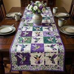 Hummingbirds in Purple and Green Blocks Table Runner - Made to Order TABLE928