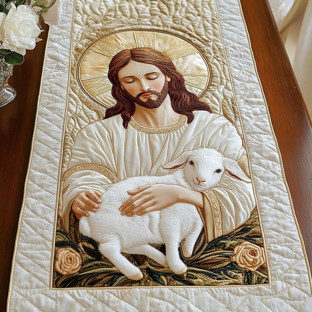 Jesus Cradling a White Lamb Table Runner - Made to Order TABLE928