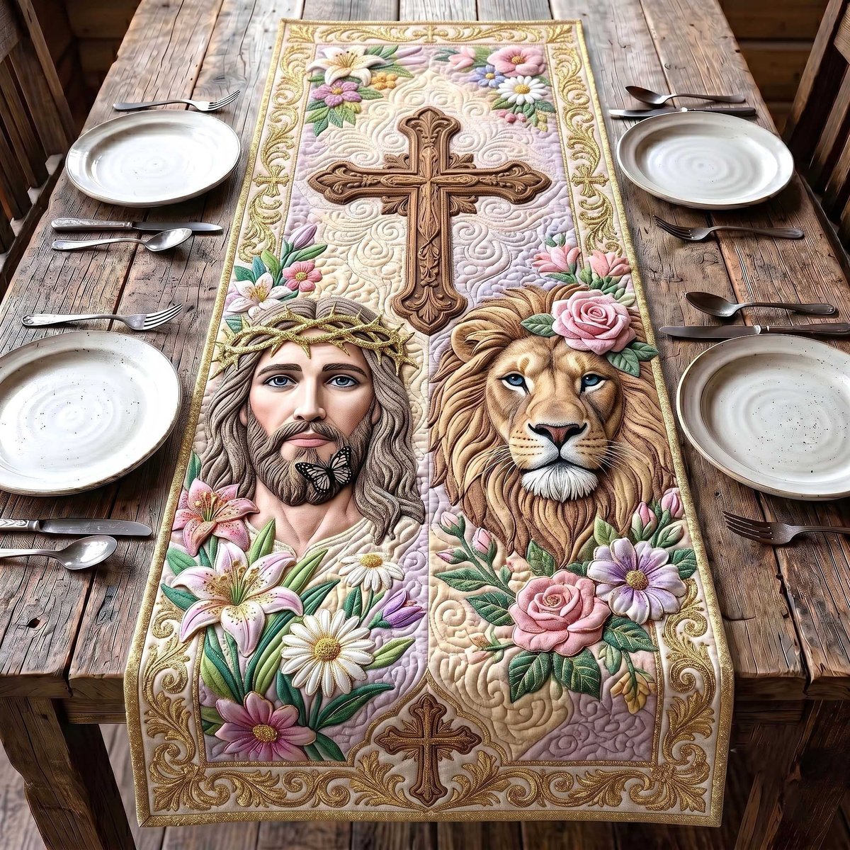 Jesus and Lion Among Roses Table Runner - Made to Order TABLE928
