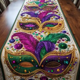 Jeweled Masks with Purple Feathers Table Runner - Made to Order TABLE928