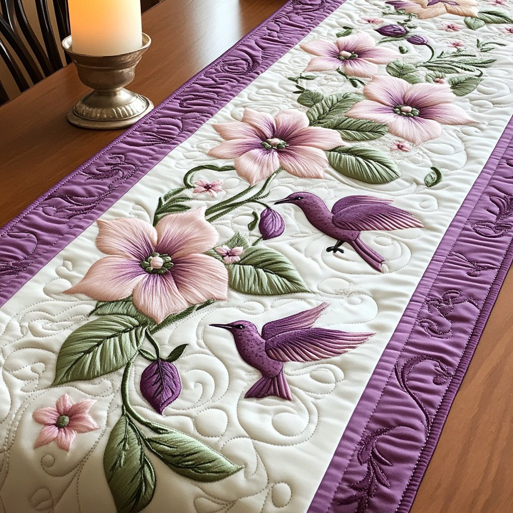 Hummingbirds with Pink Flowers and Purple Border Table Runner - Made to Order TABLE928