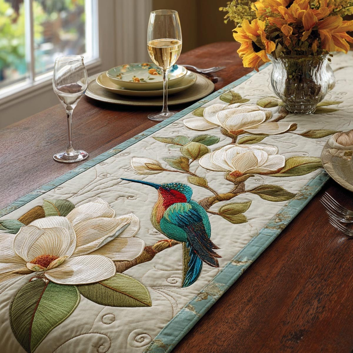 Hummingbird with White Magnolia Table Runner - Made to Order TABLE928