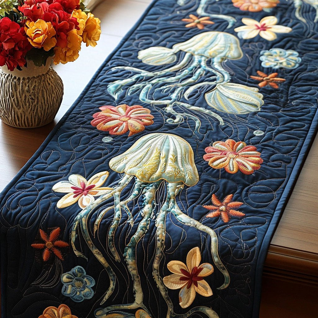 Jellyfish and Flowers on Navy Table Runner - Made to Order TABLE928