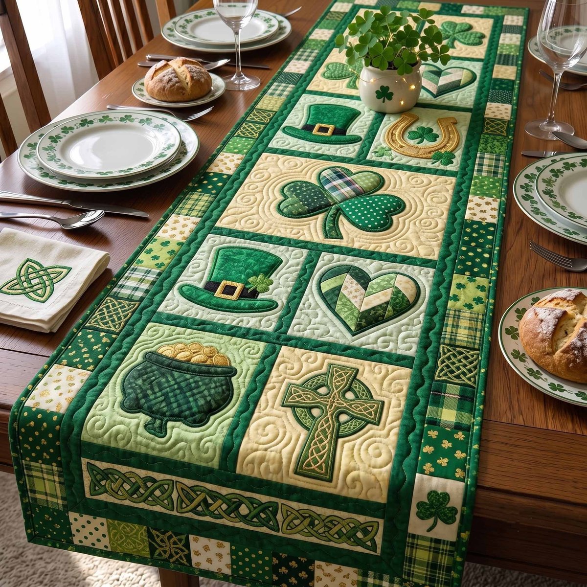 Irish Blessings Leprechaun Hat and Shamrock Blocks Table Runner - Made to Order TABLE928