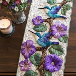 Hummingbird with Purple Morning Glory Table Runner - Made to Order TABLE928