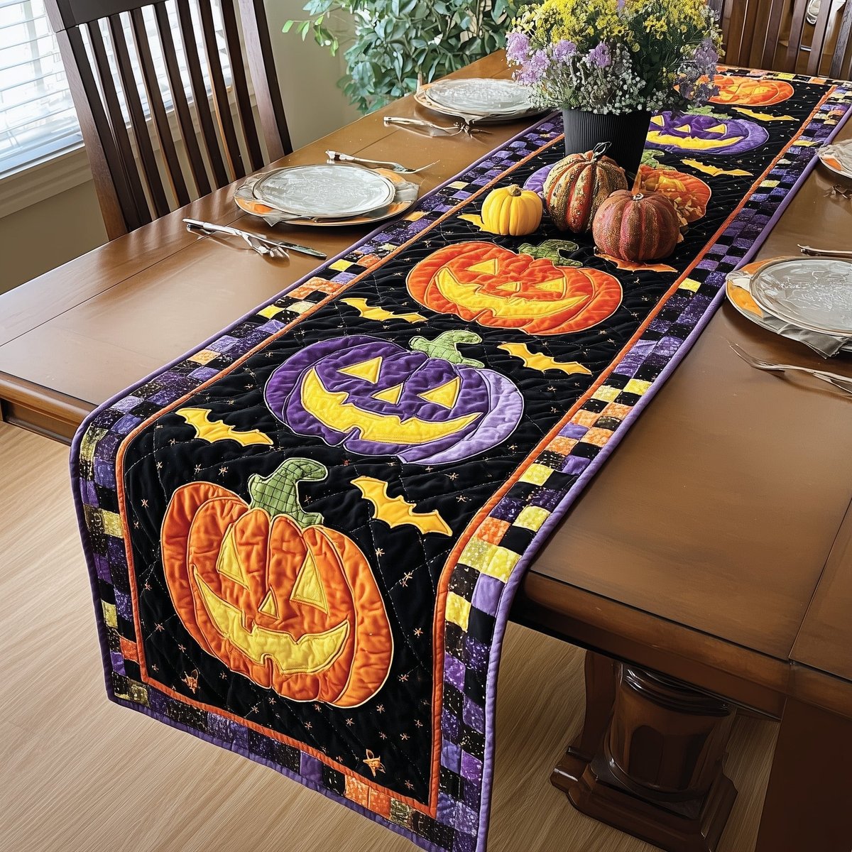 Jack o Lanterns and Bats on Purple Table Runner - Made to Order TABLE928