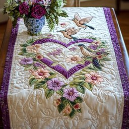 Hummingbirds Above a Floral Heart Table Runner - Made to Order TABLE928