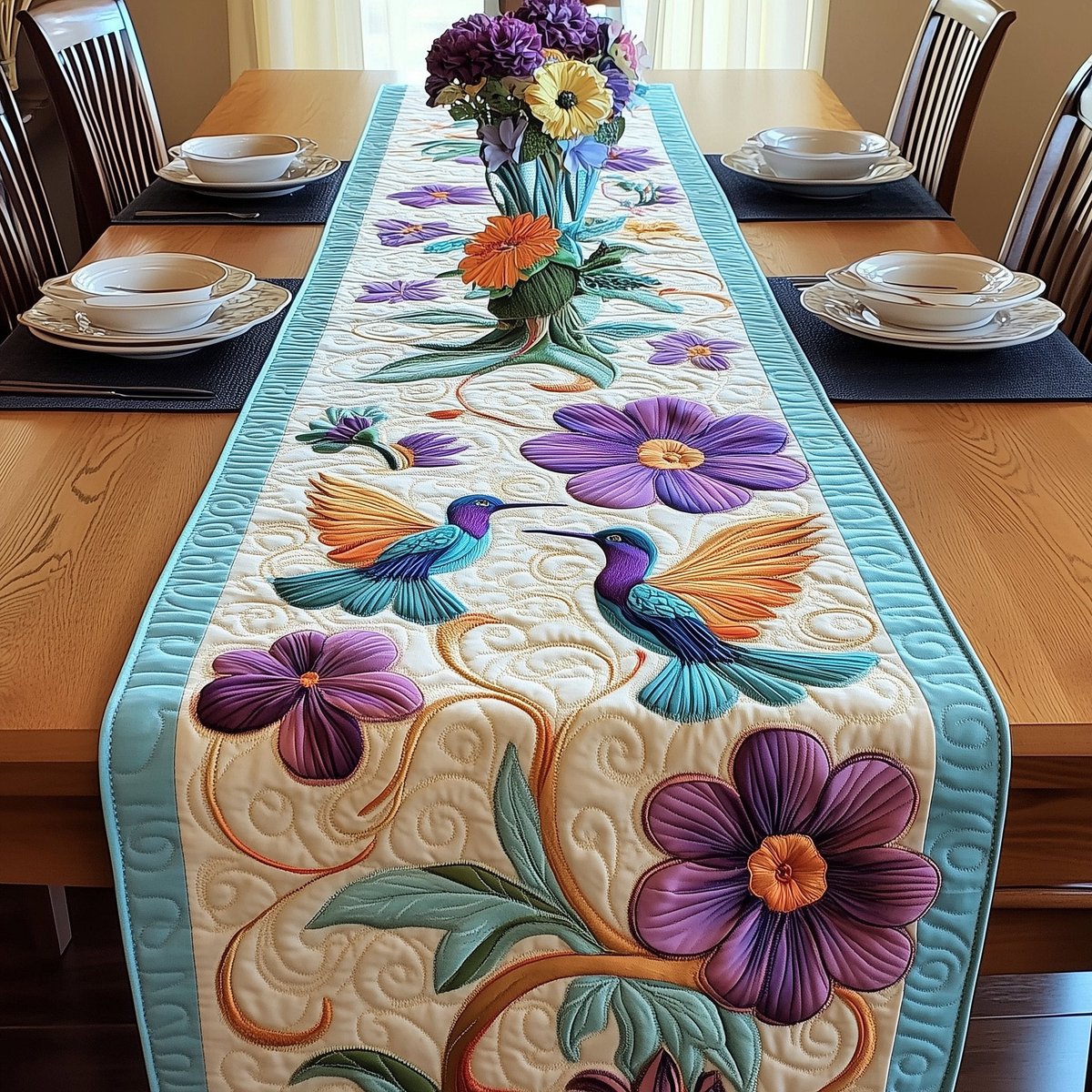 Hummingbirds with Purple Flowers on Teal Table Runner - Made to Order TABLE928
