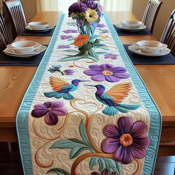 Hummingbirds with Purple Flowers on Teal Table Runner - Made to Order TABLE928