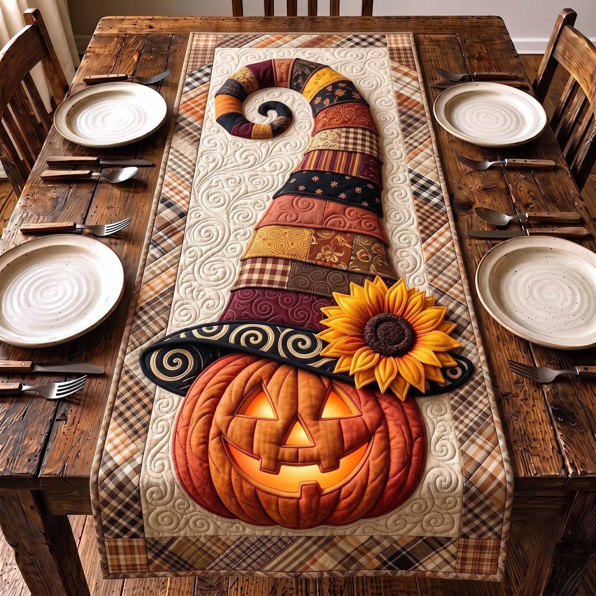 Jack o Lantern in Patchwork Hat Table Runner - Made to Order TABLE928