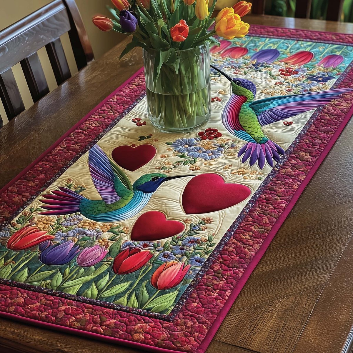 Hummingbirds with Hearts and Tulips Table Runner - Made to Order TABLE928