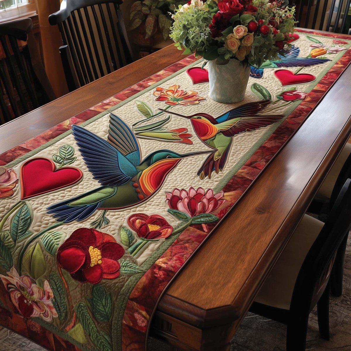 Hummingbirds with Red Blooms and Hearts Table Runner - Made to Order TABLE928