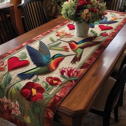 Hummingbirds with Red Blooms and Hearts Table Runner - Made to Order TABLE928