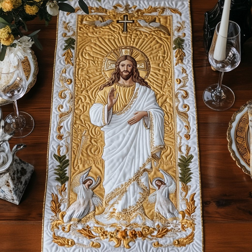 Jesus in White with Doves Table Runner - Made to Order TABLE928
