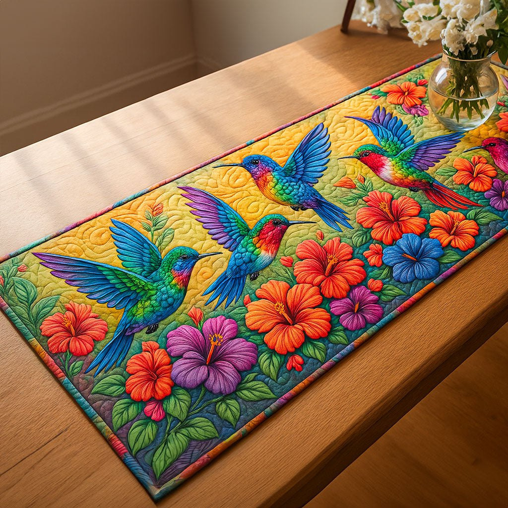 Hummingbirds Among Bright Hibiscus Flowers Table Runner - Made to Order TABLE928