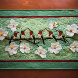 Hummingbirds and White Blossoms on Green Table Runner - Made to Order TABLE928
