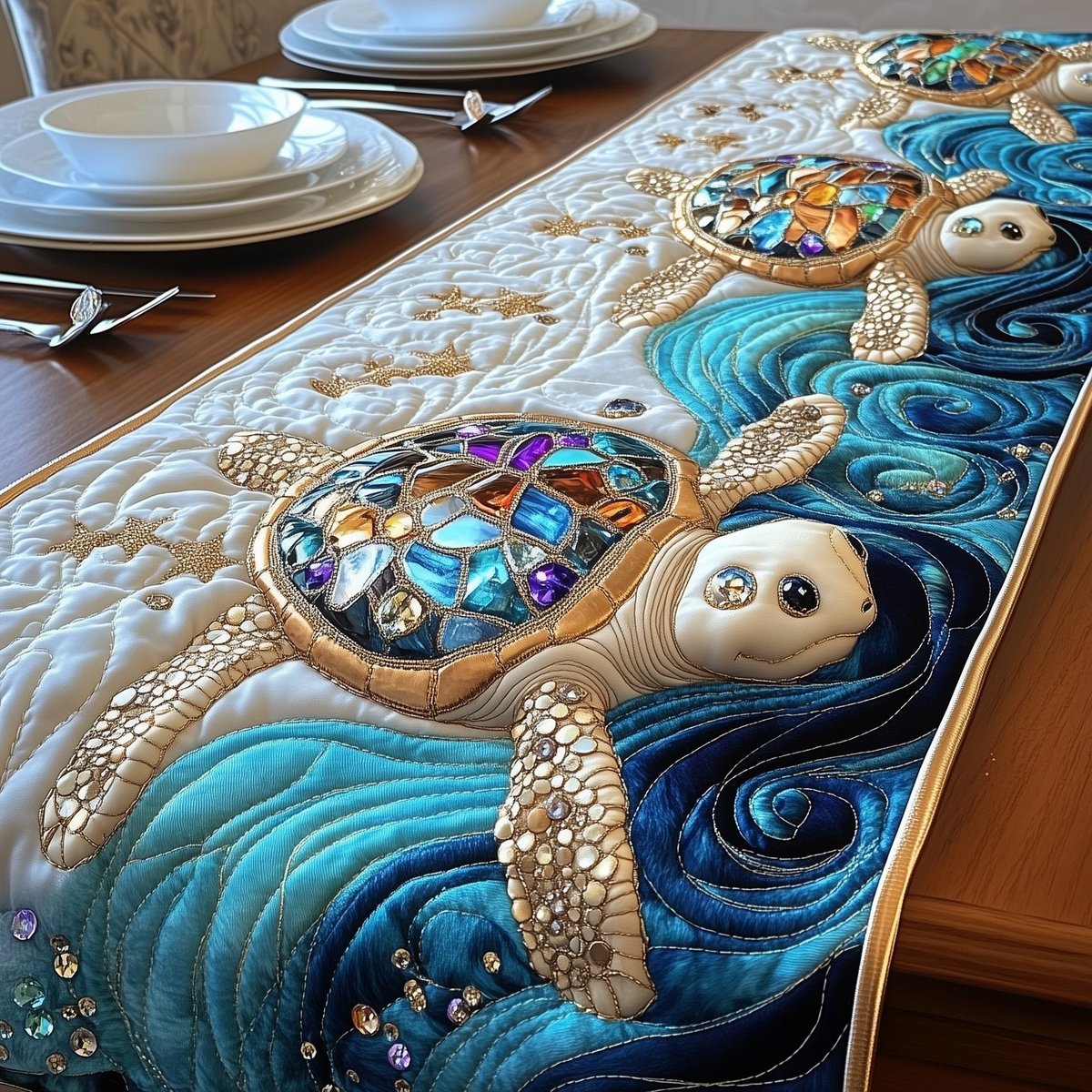 Jeweled Turtle on Turquoise Swirls Table Runner - Made to Order TABLE928