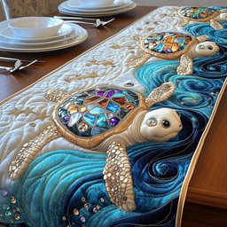 Jeweled Turtle on Turquoise Swirls Table Runner - Made to Order TABLE928