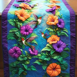 Hummingbirds with Purple Petunias Table Runner - Made to Order TABLE928