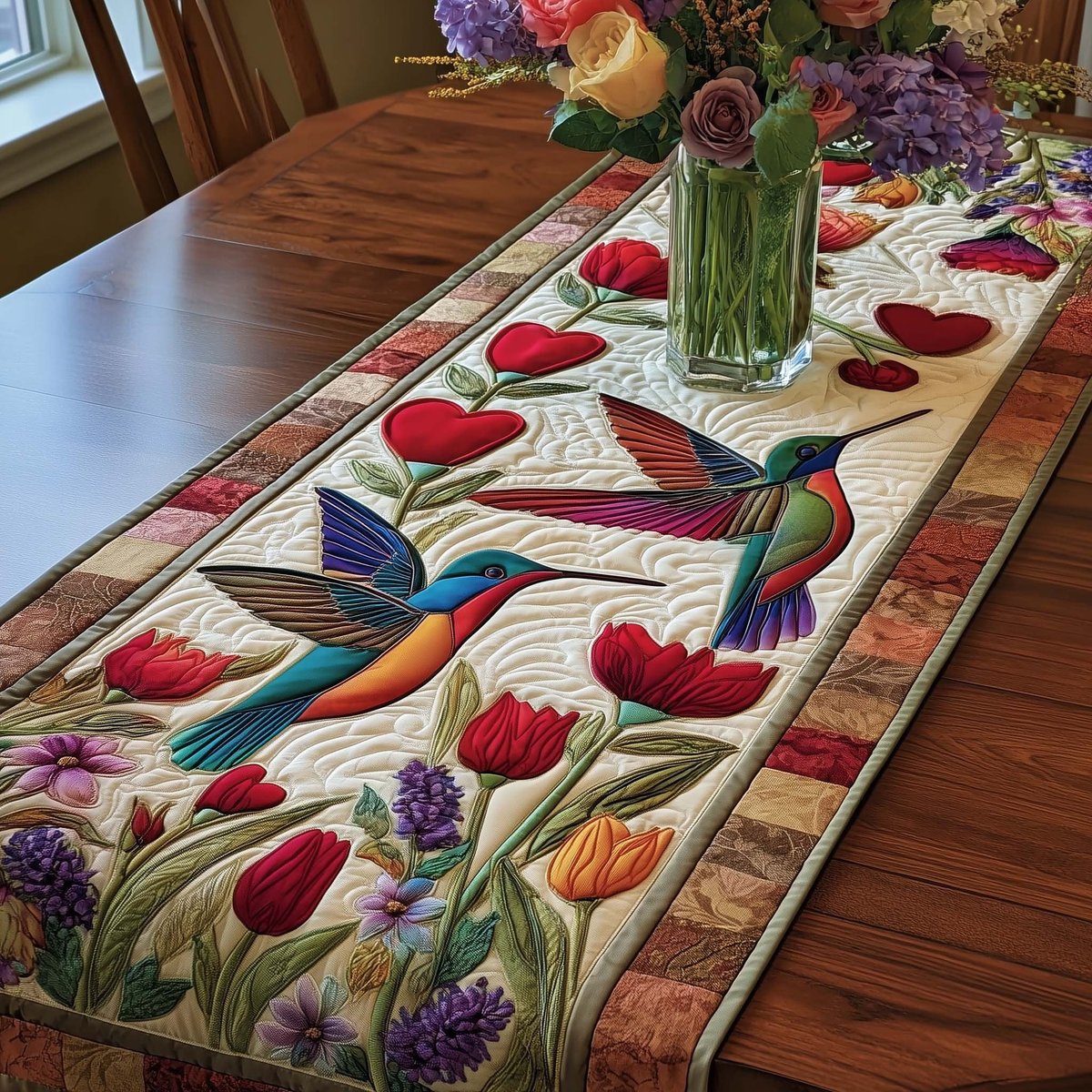 Hummingbirds Among Spring Tulips Table Runner - Made to Order TABLE928