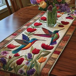 Hummingbirds Among Spring Tulips Table Runner - Made to Order TABLE928