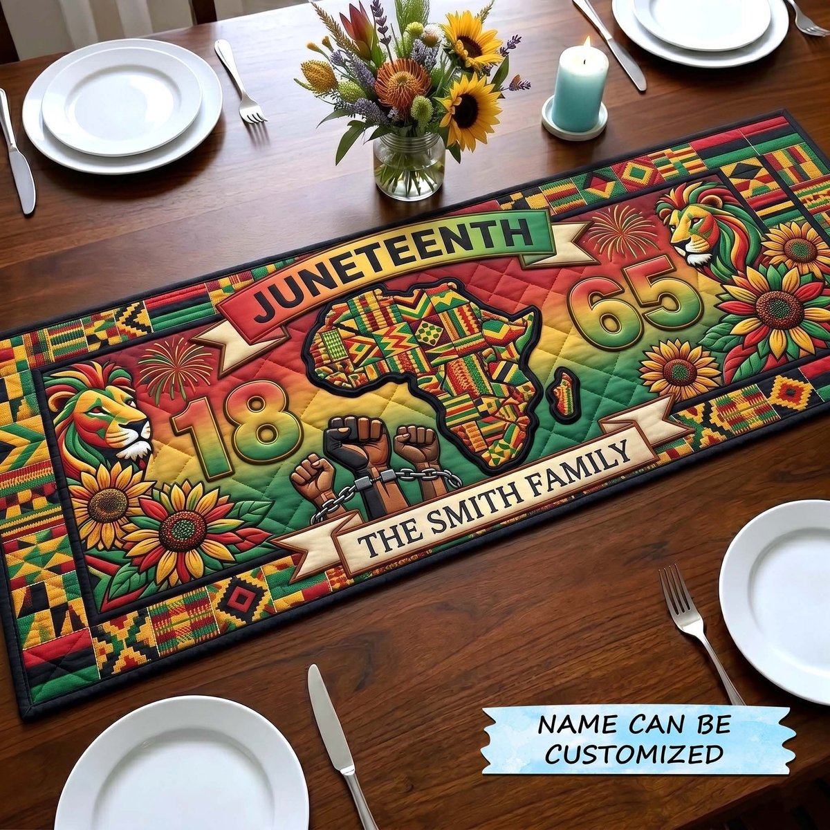 Juneteenth 1865 with Sunflowers Table Runner - Made to Order TABLE928