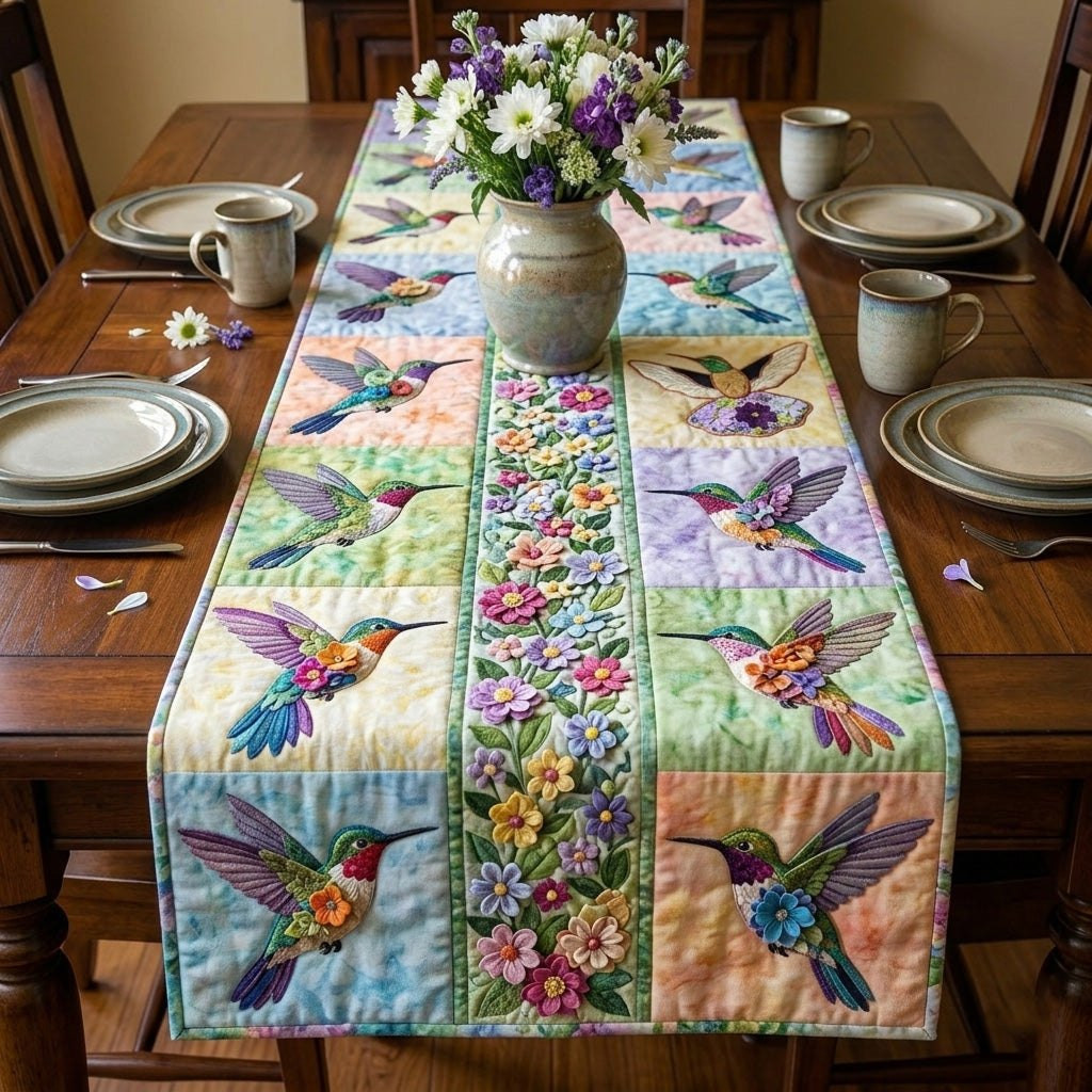 Hummingbirds and Flowers in Pastel Blocks Table Runner - Made to Order TABLE928