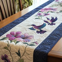 Hummingbird with Violet Flowers on Navy Table Runner - Made to Order TABLE928