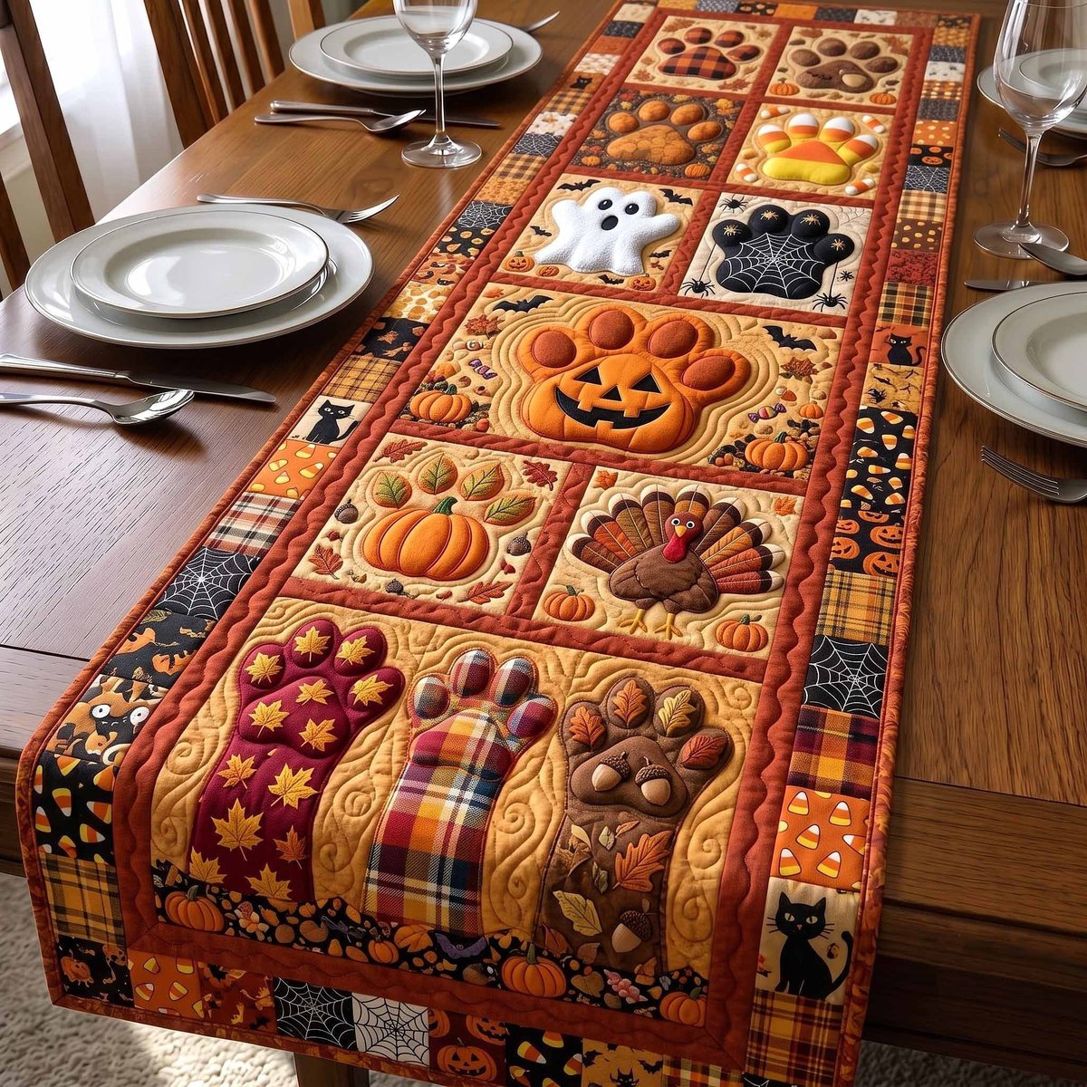 Jack o Lantern Blocks with Plaid Table Runner - Made to Order TABLE928