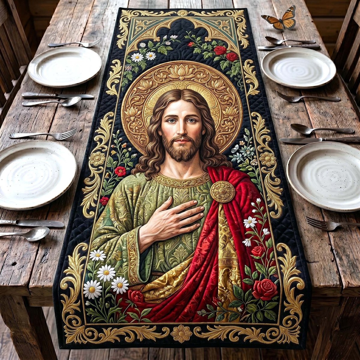 Jesus in Green Robe with Lilies Table Runner - Made to Order TABLE928