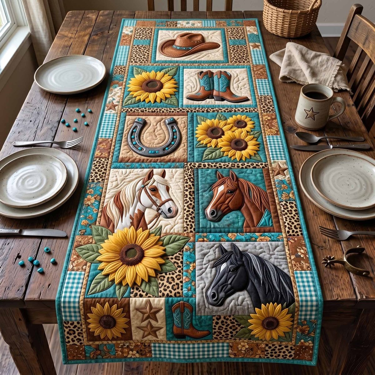 Horses and Sunflowers on Teal Table Runner - Made to Order TABLE928