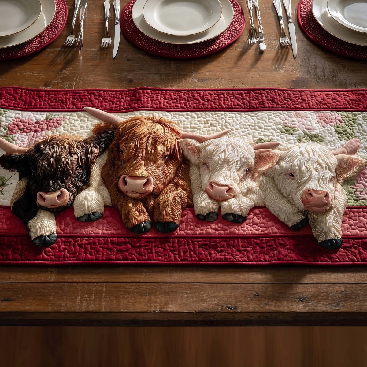 Highland Calves Resting on Red Table Runner - Made to Order TABLE928
