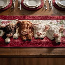 Highland Calves Resting on Red Table Runner - Made to Order TABLE928