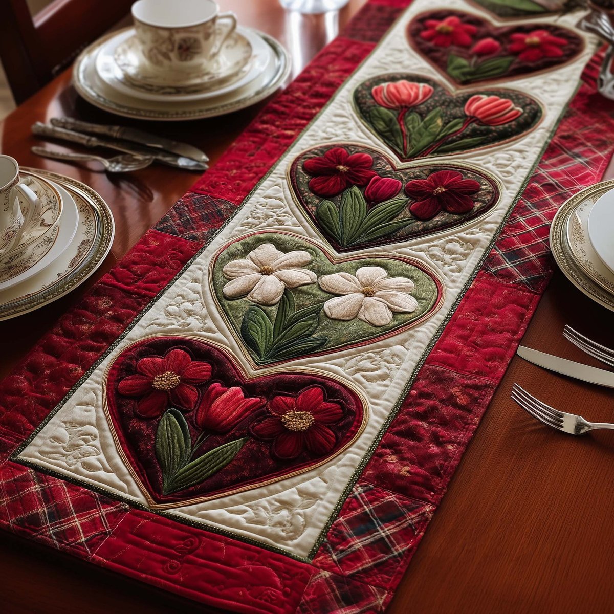 Hearts with White Flowers on Red Table Runner - Made to Order TABLE928