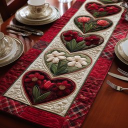 Hearts with White Flowers on Red Table Runner - Made to Order TABLE928
