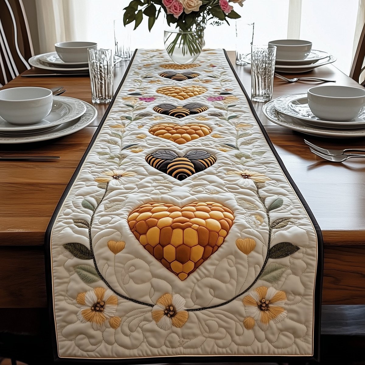 Honeycomb Heart with Yellow Flowers Table Runner - Made to Order TABLE928