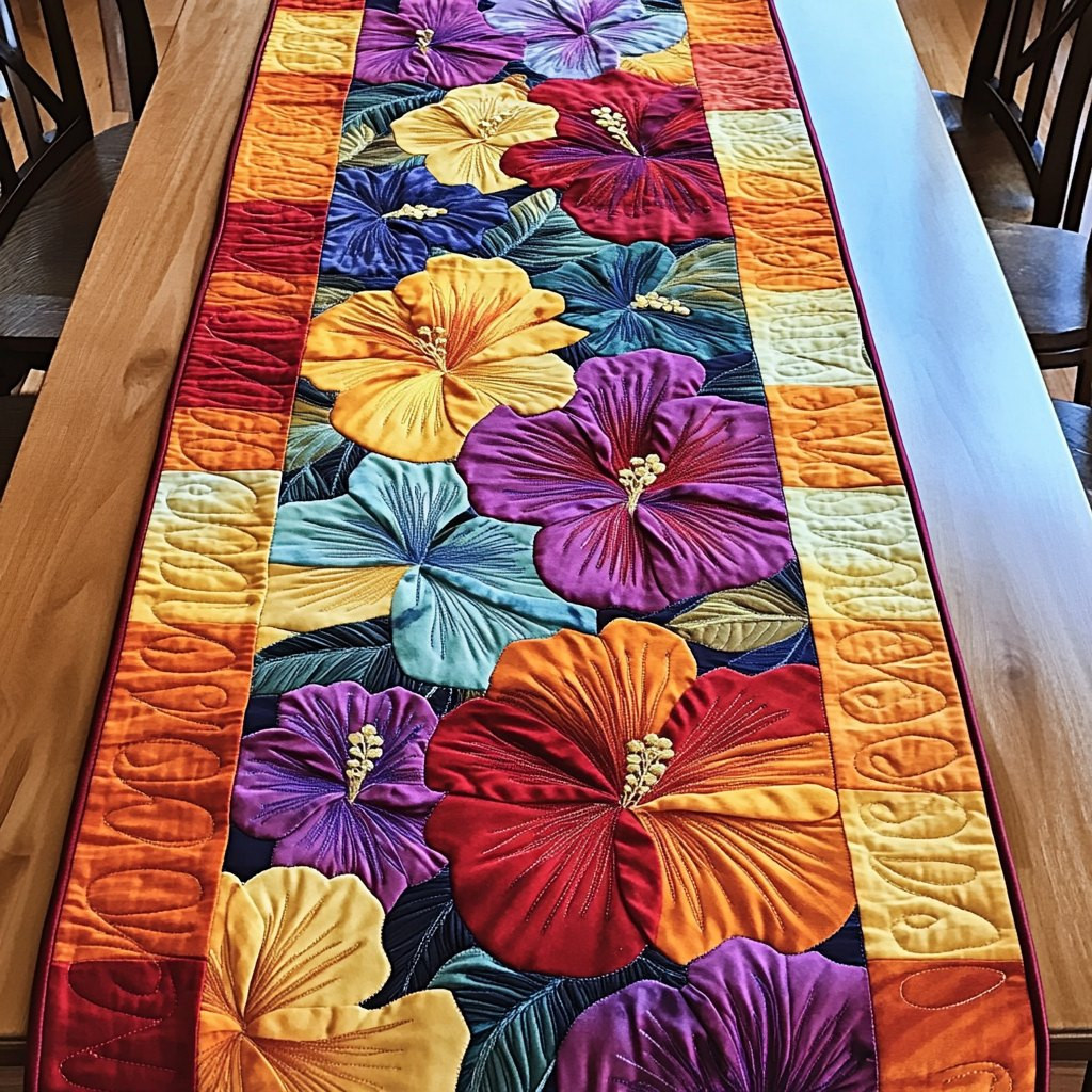 Hibiscus on Orange Striped Ground Table Runner - Made to Order TABLE928