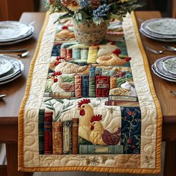 Hen Reading Beside Book Row Table Runner - Made to Order TABLE928