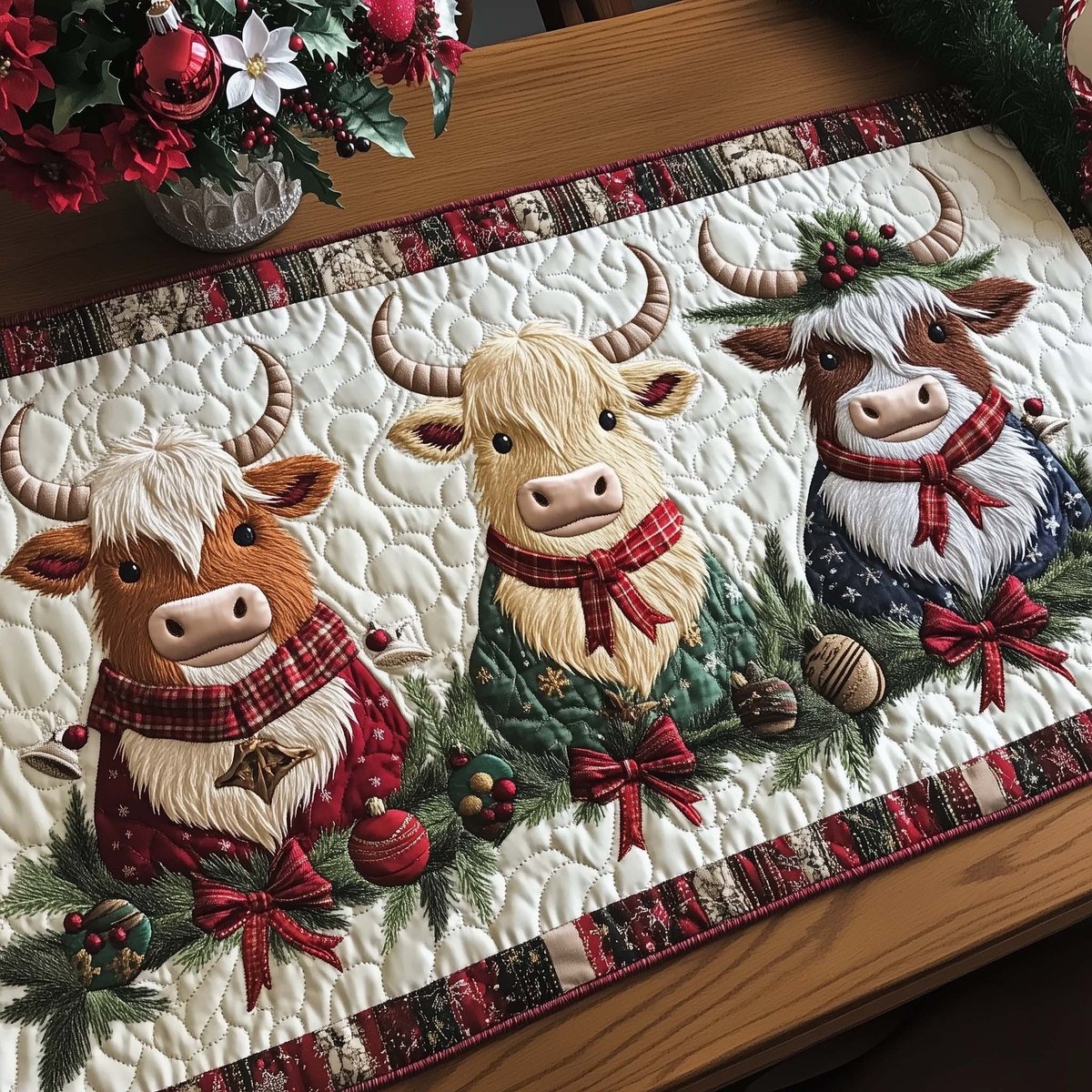 Highland Cows with Red Scarves Table Runner - Made to Order TABLE928