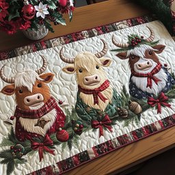 Highland Cows with Red Scarves Table Runner - Made to Order TABLE928
