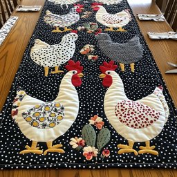 Hens with Eggs on Black Dots Table Runner - Made to Order TABLE928