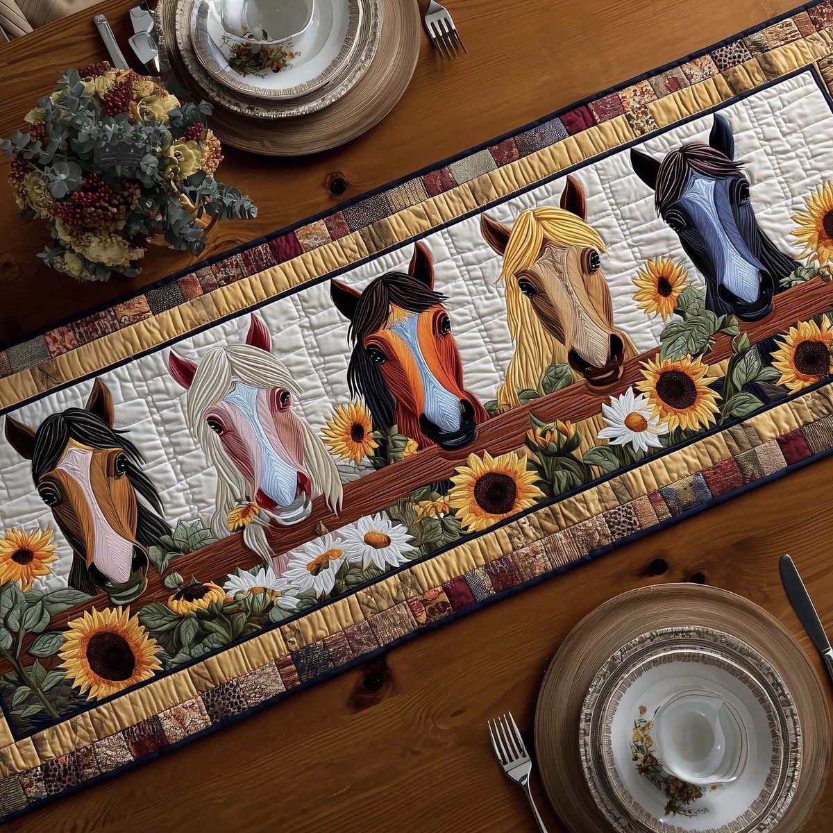 Horse Heads Over Sunflower Fence Table Runner - Made to Order TABLE928