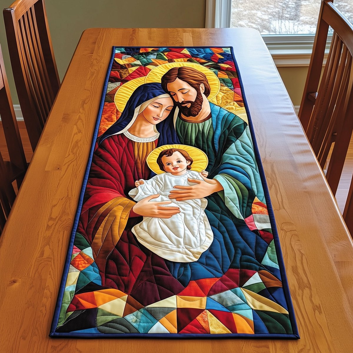 Holy Family on Stained Glass Patchwork Table Runner - Made to Order TABLE928