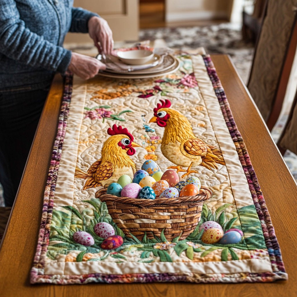 Hen and Rooster Beside Egg Basket Table Runner - Made to Order TABLE928
