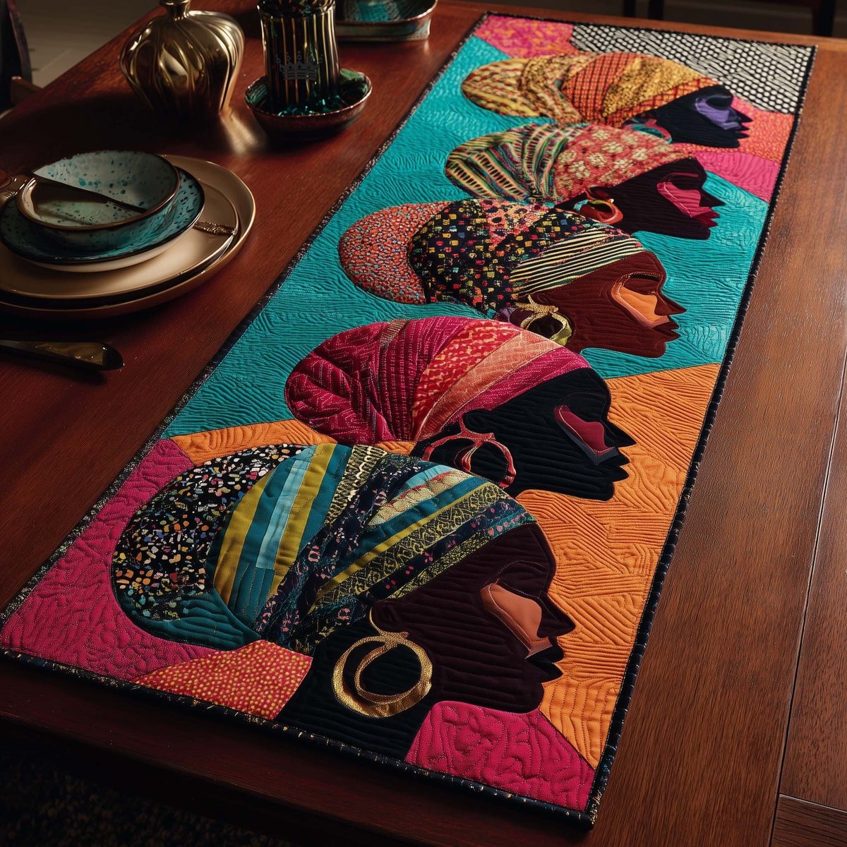 Headwrap Profiles on Teal Panel Table Runner - Made to Order TABLE928