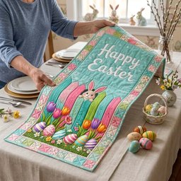 Happy Easter Bunnies with Tulips Table Runner - Made to Order TABLE928