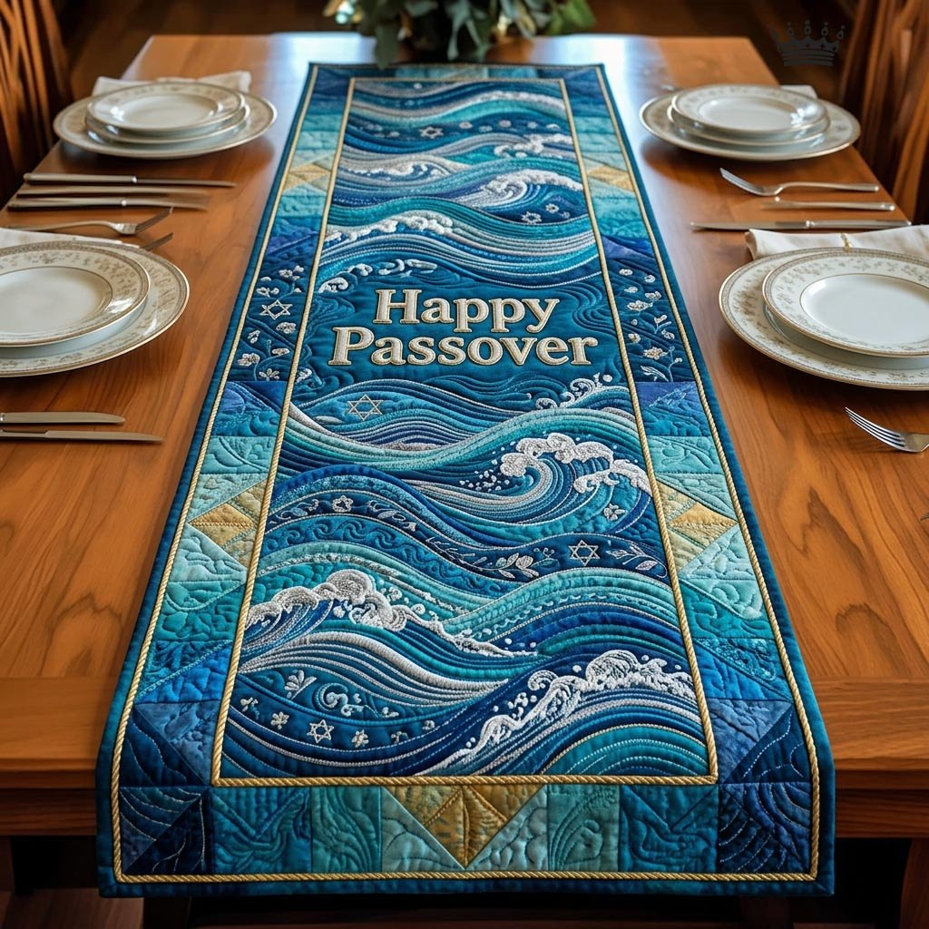Happy Passover Teal Wave Panel Table Runner - Made to Order TABLE928