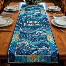 Happy Passover Teal Wave Panel Table Runner - Made to Order TABLE928